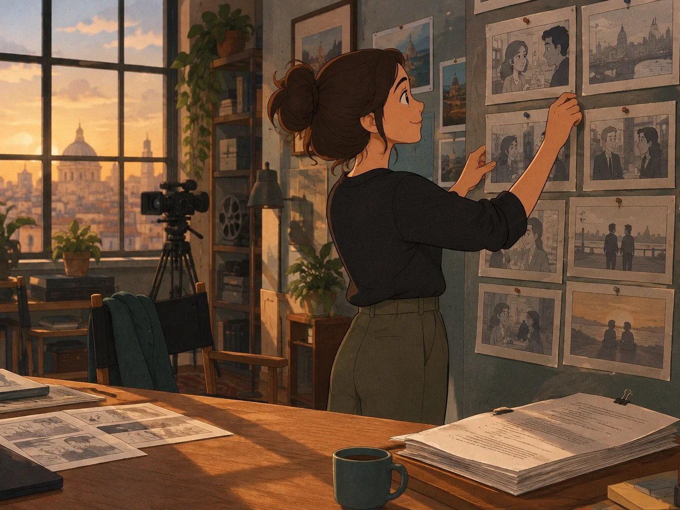 A director pinning storyboards next to a script