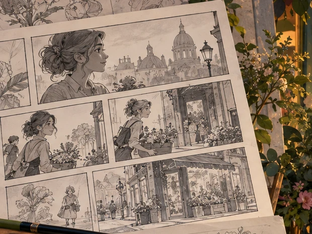 A pencil storyboard sheet with six panels